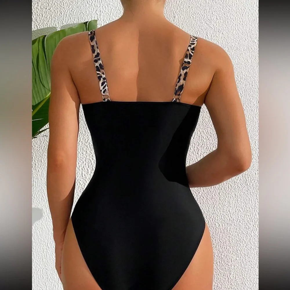 Boho black leopard print one piece monokini swimsuit
